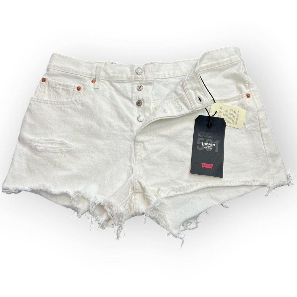 Levis Premium 501 Mid Rise Shorts White Distressed Raw Hem Button Fly Womens 32"